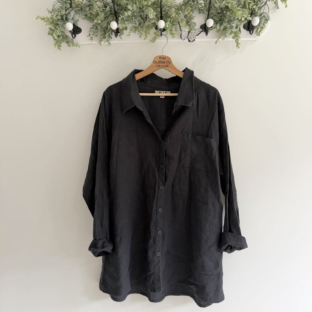 Flax 100% Linen Black Button Down Shirt Dress Long Sleeve Large SS581 lagenlook